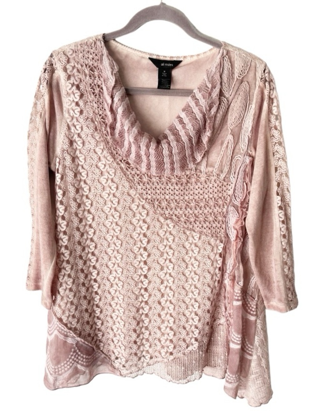 Ali Miles Artsy Bohemian Top Women's Medium Mauve Crochet Lagenlook Cowl Neck